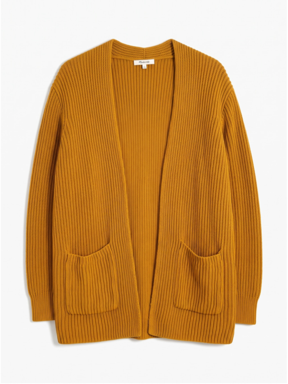 MADEWELL Cardigan Nolan Open Front Ribbed Yellow Mustard Sweater Outdoor, Sz M